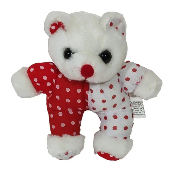Vintage White Red Polka Dot Mini Teddy Bear Plush Stuffed Animal Toy Christmas - Picture 1 of 4